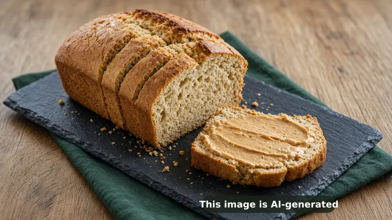 A sliced loaf of peanut butter protein bread with a golden domed crust and tender crumb, a slice spread with peanut butter (AI-generated image)