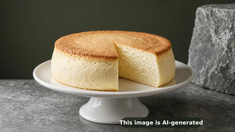 A tall, fluffy, pale golden Japanese-style yogurt cheesecake with a lightly browned top, one slice cut to show a soft, airy, jiggly crumb (AI-generated image)