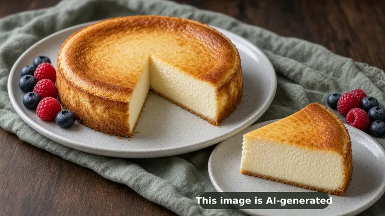 A dense, smooth, creamy low carb cheesecake with a golden top, cut slice on a plate showing a firm custardy interior, fresh berries (AI-generated image)