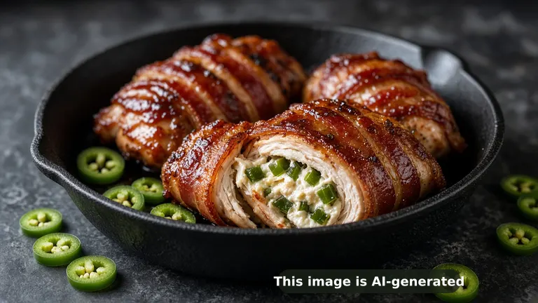 Smoked chicken breasts wrapped in crisp bacon and glazed with sticky BBQ sauce, one sliced open to show creamy cheese and diced jalapeno filling (AI-generated image)