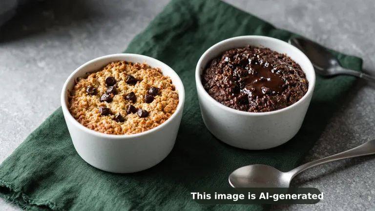 Two single-serve ramekins of baked oatmeal, one golden chocolate chip cake style, one dark fudgy brownie style with melted chocolate (AI-generated image)