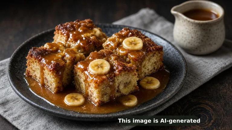 Squares of sticky banana bread pudding cake drenched in glossy amber toffee sauce, sauce pooling on the plate, banana slices (AI-generated image)