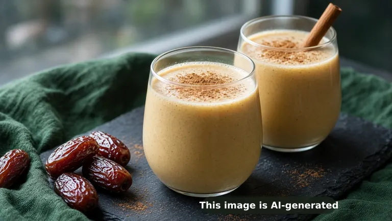 Thick, creamy beige-gold banana date eggnog in glasses topped with cinnamon and nutmeg, a cinnamon stick (AI-generated image)