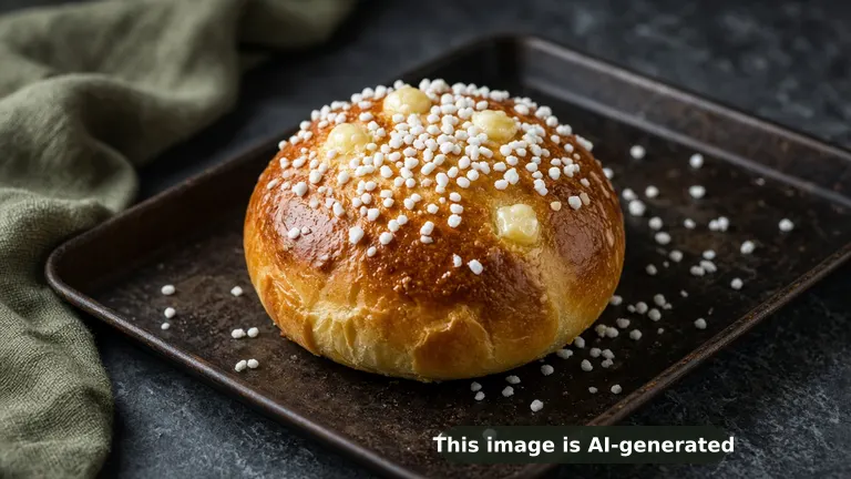 Round golden gluten-free sugar brioche with a glossy top covered in butter dots and crunchy pearl sugar (AI-generated image)