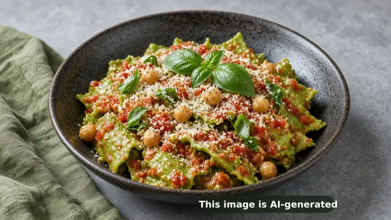 Bright green hand-cut broccoli pasta pieces in a garlicky tomato sauce with chickpeas, grated parmesan and basil (AI-generated image)