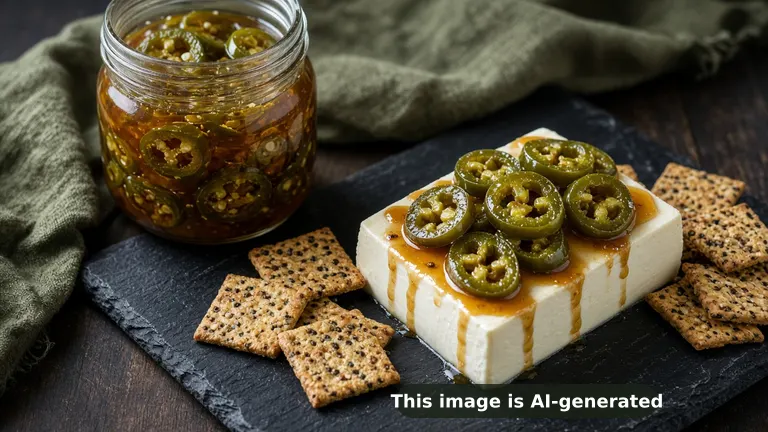 Glossy candied jalapeno rings in amber syrup in a glass jar, some spooned over a block of cream cheese with crackers (AI-generated image)