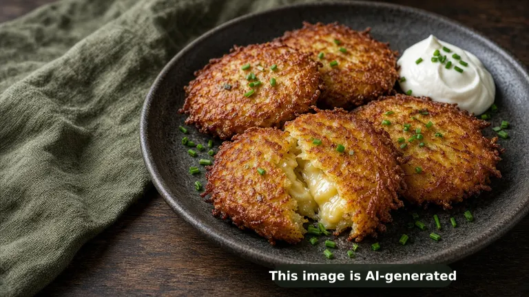 Crispy golden potato pancakes, one cut open to show a melty cheese center, chives and sour cream (AI-generated image)