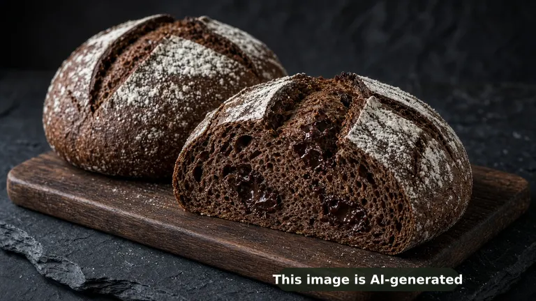 Two round dark chocolate sourdough loaves with flour-dusted scored crusts, one sliced showing a deep cocoa crumb with chocolate pockets (AI-generated image)