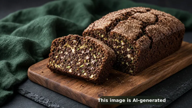 A sliced gluten-free chocolate zucchini loaf, moist dark crumb flecked with green zucchini and mini chocolate chips, crackly cinnamon sugar top (AI-generated image)