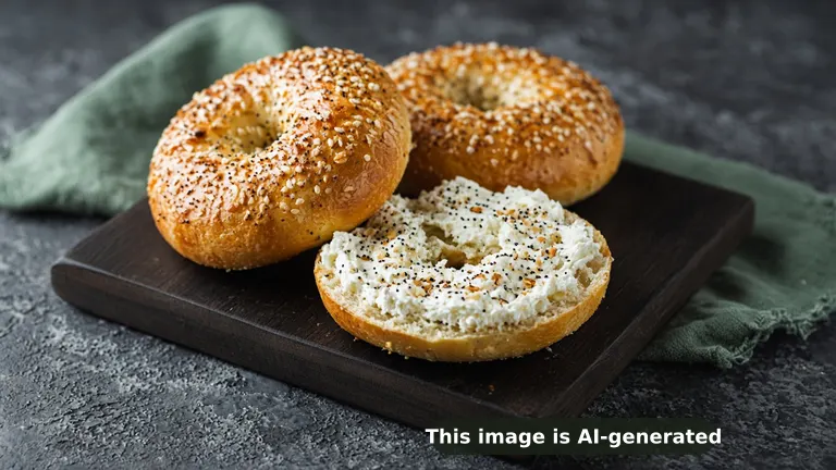 Golden, shiny almond flour cottage cheese bagels topped with everything seasoning, one sliced and spread with cream cheese (AI-generated image)