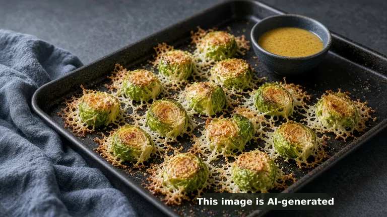 Halved Brussels sprouts baked cut-side down onto lacy, golden, crisp parmesan, with a small dish of hot honey mustard (AI-generated image)
