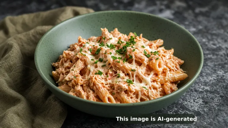 Gluten-free penne tossed with shredded chicken in a creamy pink rosa sauce, melted stretchy mozzarella, chopped parsley (AI-generated image)