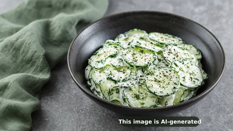 Thinly sliced cucumbers in a creamy white sour cream dressing with fresh dill and black pepper (AI-generated image)