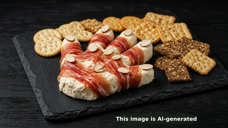 A Halloween cream cheese dip shaped like a hand wrapped in thin red prosciutto, almond slices as fingernails, gluten-free crackers (AI-generated image)
