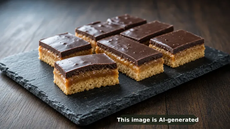 Homemade Twix bites, golden almond flour cookie base, gooey almond butter caramel layer, glossy dark chocolate top, one cut to show layers (AI-generated image)