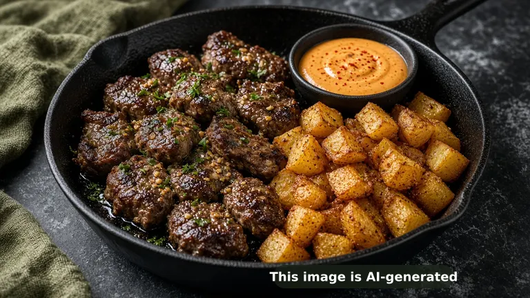 Seared steak bites glossy with garlic butter and parsley next to crispy golden potato cubes, a small dish of orange spicy mayo (AI-generated image)
