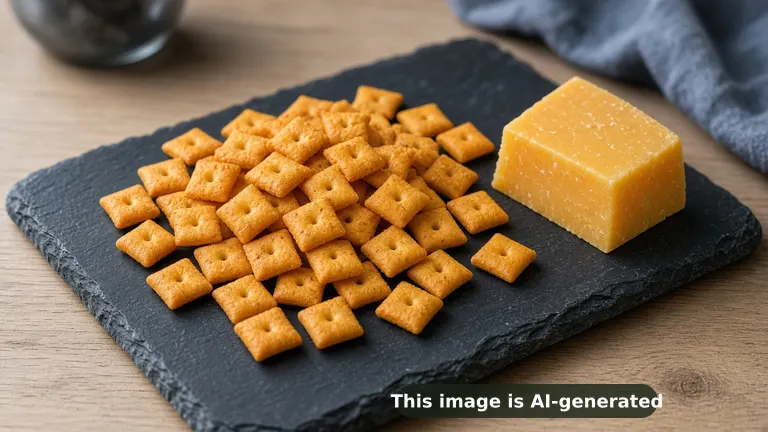 Small square orange cheddar crackers with puffed centers and a docked hole, scattered and piled (AI-generated image)