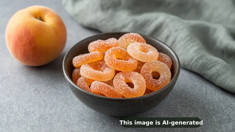Translucent orange and peach-colored homemade gummy rings with a sugar coating (AI-generated image)