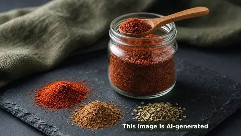 A small glass jar of rich red-brown homemade taco seasoning blend with a wooden spoon, loose chili powder, cumin and dried oregano (AI-generated image)