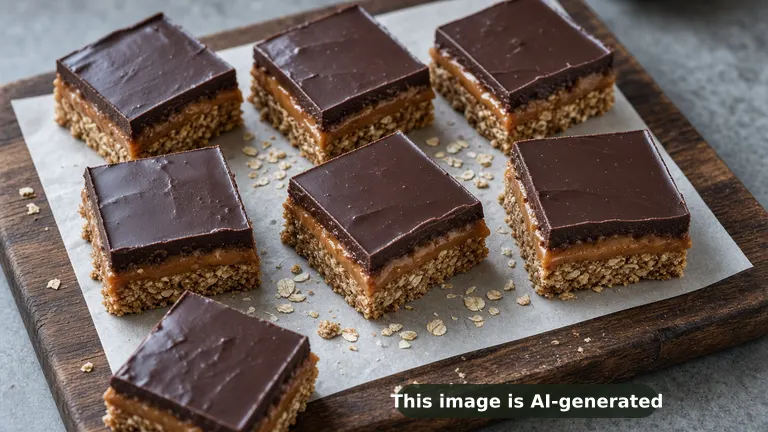 No-bake Twix bars cut into squares, almond and oat shortbread base, thick almond butter caramel, glossy dark chocolate top, layered cross section (AI-generated image)