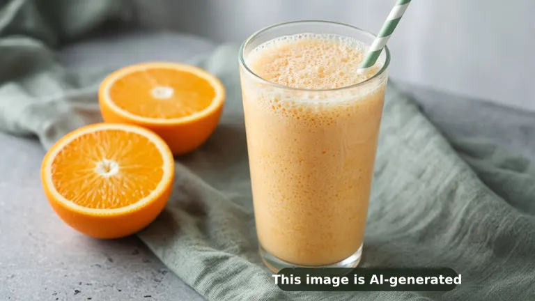 A frothy, pale orange Orange Julius in a tall glass with a straw, foam on top, fresh orange halves (AI-generated image)