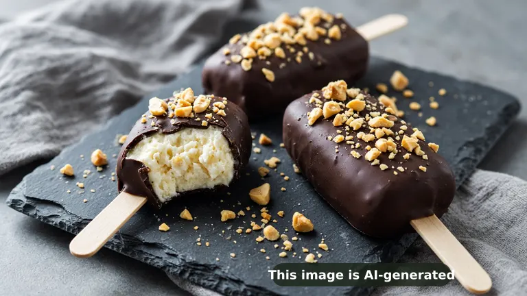 Frozen banana peanut butter nice cream bars on sticks dipped in dark chocolate, one bitten showing creamy center (AI-generated image)
