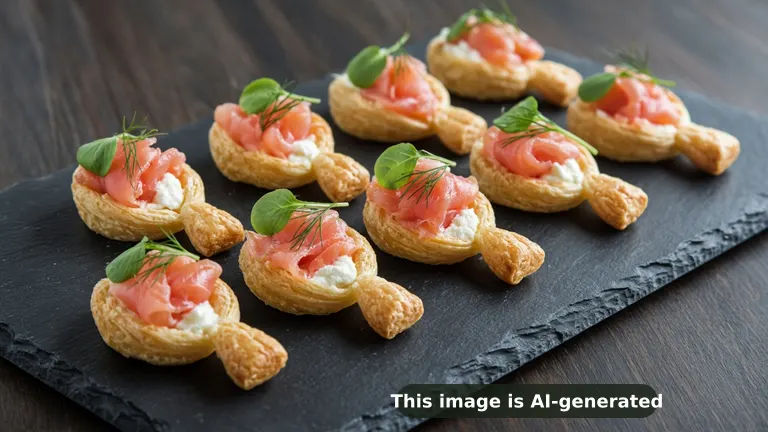 Golden puff pastry spoons filled with cream cheese, baby greens and silky pink cured salmon, dill sprigs (AI-generated image)