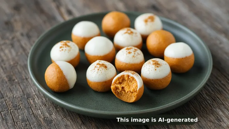 Bite-size orange pumpkin protein balls dipped halfway in glossy white chocolate, a few dusted with cinnamon, one bitten to show the soft interior (AI-generated image)