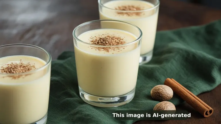 Creamy pale yellow eggnog in short glasses dusted with freshly grated nutmeg, whole nutmeg and a cinnamon stick (AI-generated image)