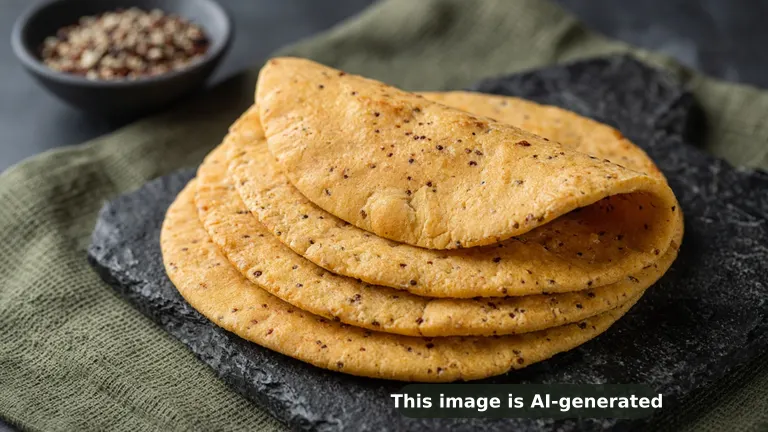 Soft, flexible golden-orange red lentil quinoa flatbreads, stacked and one folded, with a small bowl of herb yogurt (AI-generated image)
