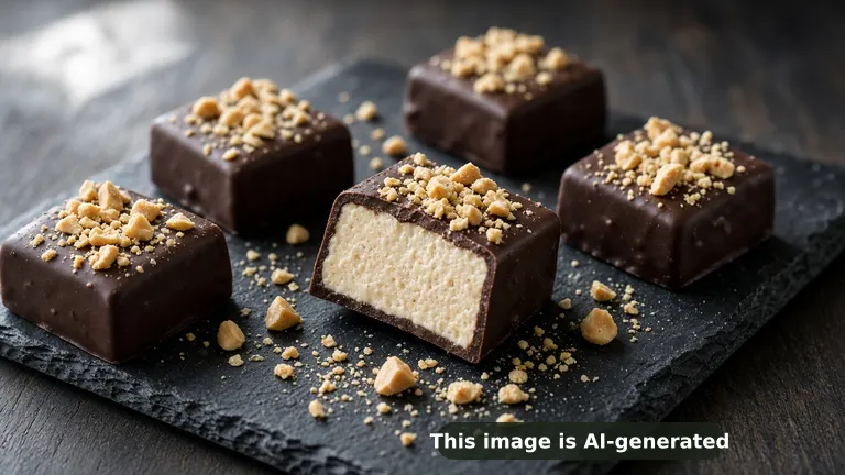 Frozen peanut butter ice cream squares in a crisp dark chocolate shell, one cut to show the pale creamy center, chopped peanuts (AI-generated image)