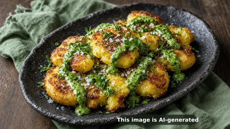 Crispy golden smashed Yukon gold potatoes with flaky salt, drizzled with vibrant green herby green goddess dressing, fresh herbs (AI-generated image)