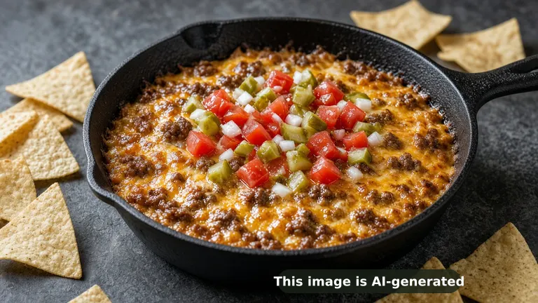 Bubbling smoked cheeseburger dip with ground beef and melted cheese, topped with diced tomato, pickles and onion, gluten-free chips (AI-generated image)