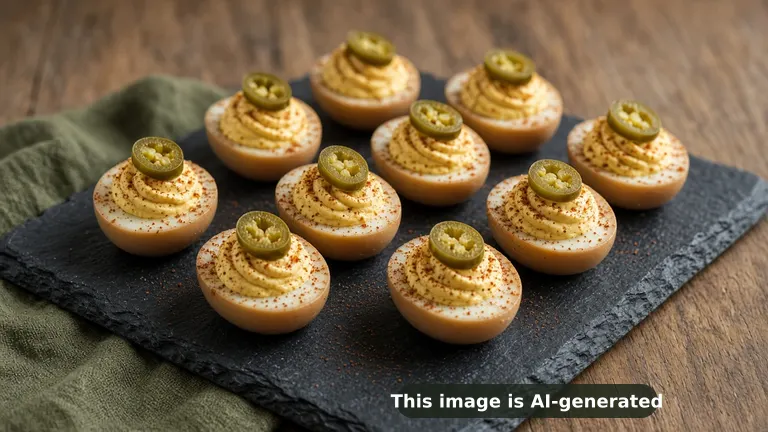 Smoked deviled eggs with amber-tinted whites, piped creamy yellow filling, a red dusting of BBQ rub and a pickled jalapeno slice on each (AI-generated image)