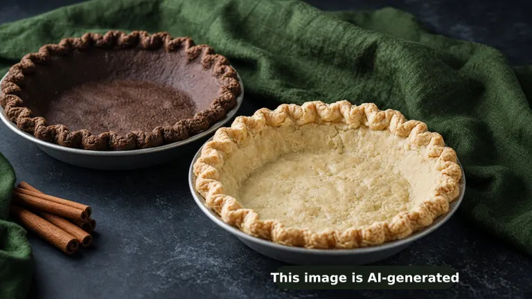Two baked flaky pie crusts with crimped edges, one dark spiced gingerbread crust and one golden butter crust (AI-generated image)