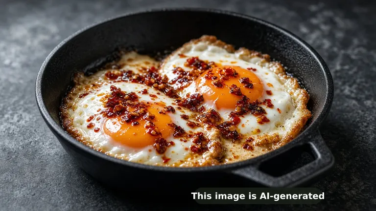 Fried eggs with runny yolks in caramelized heavy cream with red chili crisp, crispy lacy edges (AI-generated image)