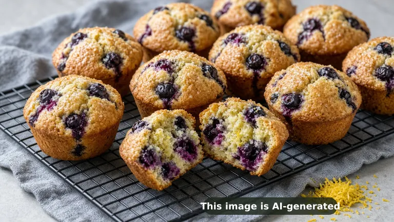 Golden gluten-free blueberry lemon muffins with domed tops bursting with blueberries, one split open, fresh lemon zest and a lemon half nearby (AI-generated image)